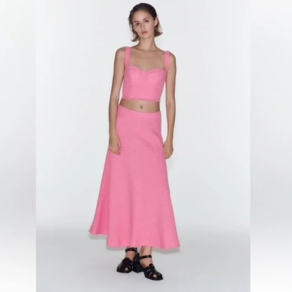 NWT ZARA Textured Tweed Flared Hem Candy Pink Long Skirt size S